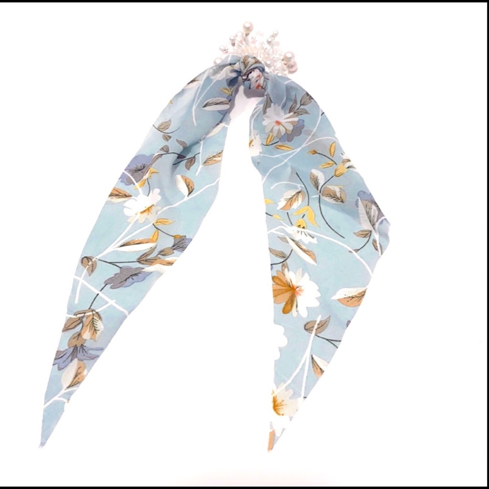Blue Floral Hair Scarf Coil Ponytail Holder With Faux Pearls